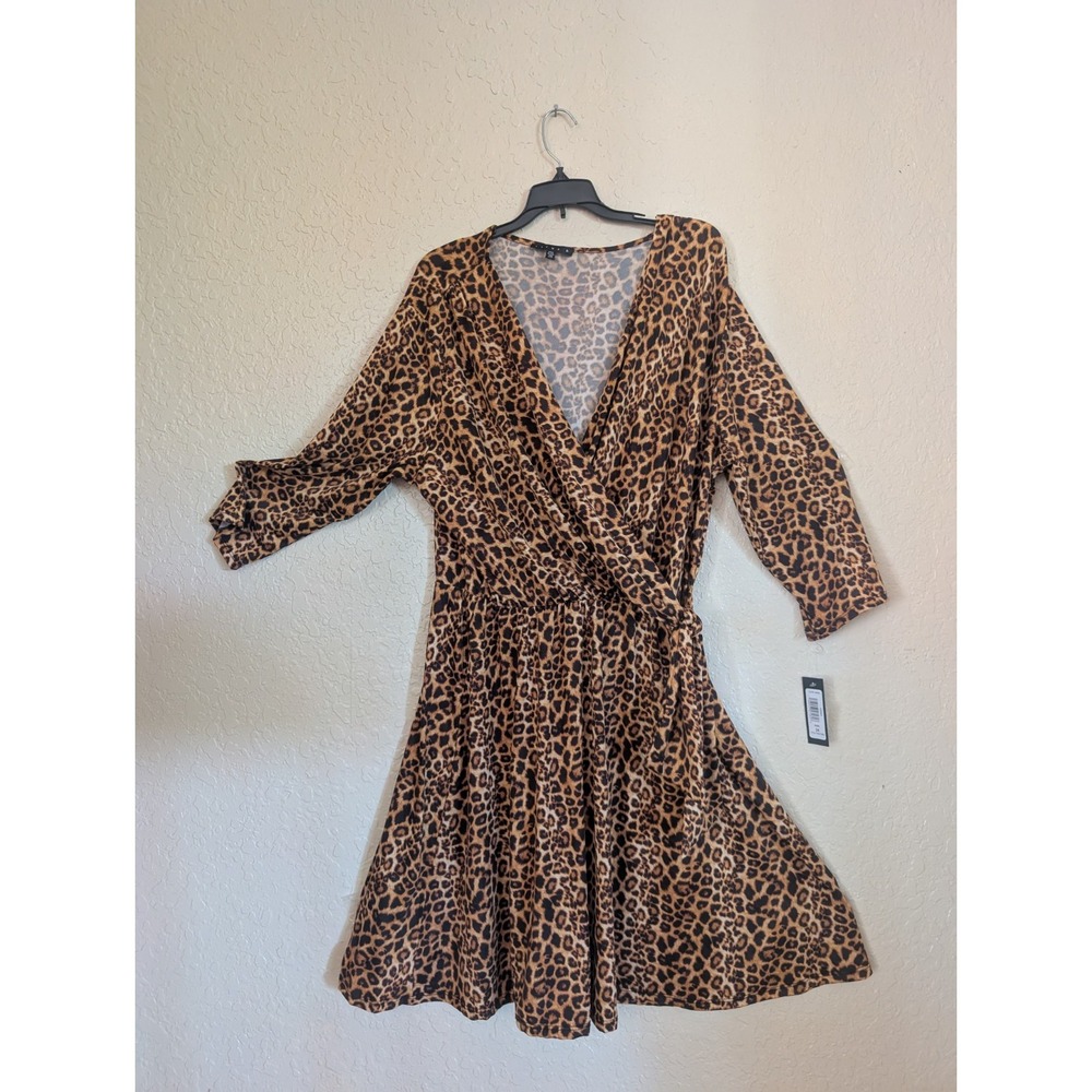 NEW Womens Tiana B Leopard Print Stretch Knit 3/4 Sleeve Flare Dress 2X
